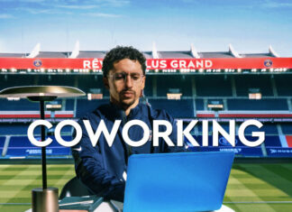 Le capitaine du Paris Saint Germain, Marquinhos, présentant l'offre coworking éphémère de Wojo au Parc des Princes.
