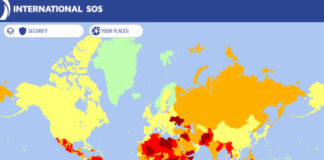 La carte des risques 2023 d'International SOS concernant la sécurité.