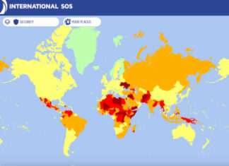 La carte des risques 2023 d'International SOS concernant la sécurité.