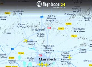 Capture d'écran de la carte du site Flightradar24 sur les mouvements aériens sur l'aéroport de Marrakech (Image enregistrée à 11h22 le 09/09/23- Photo: https://www.flightradar24.com/31.71,-7.95/10)