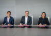 Lors de la signature de l'accord-cadre avec l'ADEME : Patrick Mendès, DG Europe et Afrique du Nord d'Accor, Sylvain Waserman, PDG de l’ADEME, et Brune Poirson, directrice Développement durable d'Accor.