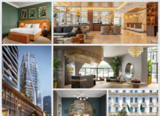 Les nouveaux hôtels d'IHG en Europe du Nord. De bas en haut et de gauche à droite : Kimpton Frankfurt Main, Verno House Budapest Vignette Collection, voco Stockholm - Kista, voco Szekesfehervar, Hotel Indigo Krakow – Wawel Castle, Kimpton BEM Budapest.