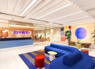 Le nouveau concept de lobby présenté par Holiday Inn Express fera ses débuts l'an prochain.