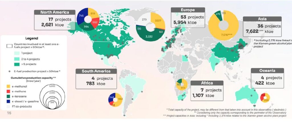 Cartographie des projets e-fuels, basée sur les annonces >= 50ktoe (source : Bureau Français des e-fuels)