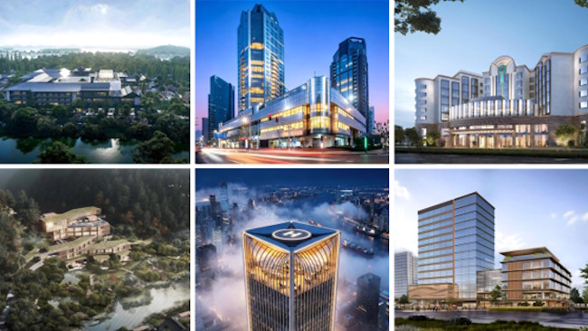First row, from left to right: Fairmont Hangzhou Huagang, Pullman Shanghai Qilu, Swissôtel Hangzhou Westlake — Second row, from left to right: MGallery Collection Pujiang, Sofitel Xi'an Chanba, MGallery Collection Hangzhou Jianghehui. Credit: Accor